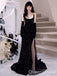 Elegant Black Sweetheart Spaghetti Straps Sequins Lace Side Slit Mermaid Prom Dresses ,WGP393