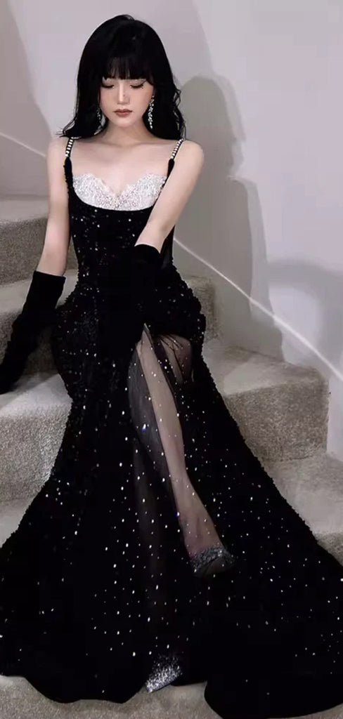 Elegant Black Sweetheart Spaghetti Straps Sequins Lace Side Slit Mermaid Prom Dresses ,WGP393