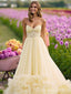 Elegant Yellow Lace Appliques Tulle Strapless Ruffles Evening Gown Long Prom Dresses ,WGP620