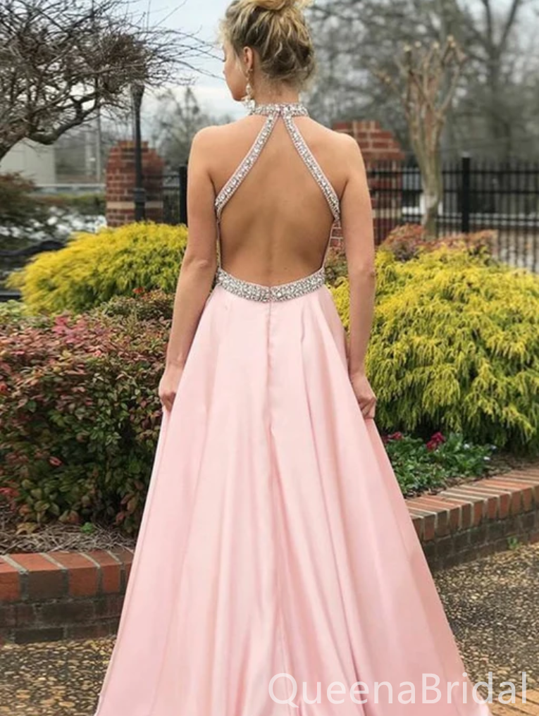 Sexy Elegant Beading Halter Sleeveless Open Back Evening Gown Long Prom Dresses with Pleats,WGP670