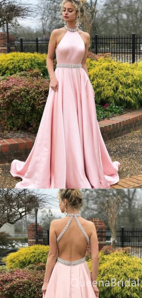 Sexy Elegant Beading Halter Sleeveless Open Back Evening Gown Long Prom Dresses with Pleats,WGP670