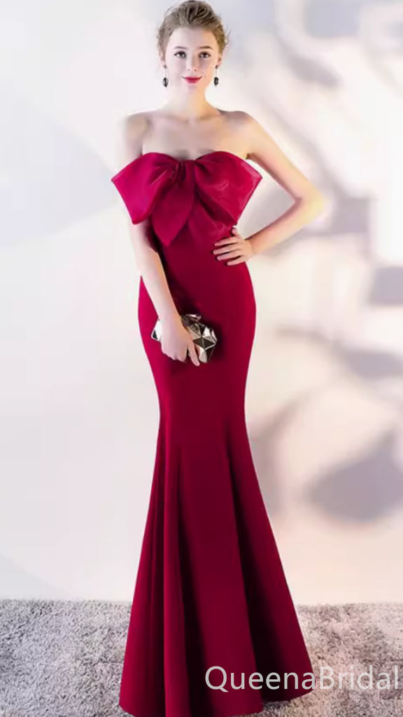 Elegant Red Bow Mermaid Long Party Dress Prom Dresses ,WGP1811