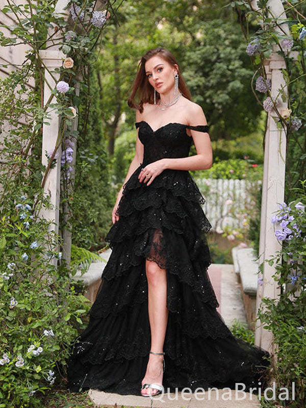 Sexy Asymmetrical Black Off shoulder Sequin Ruffles  A-Line Long Prom Dresses,WGP427