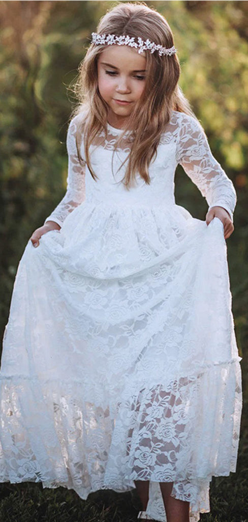 Cute White Tulle Lace A- Line Long Sleeve Appliques Cheap Flower Girl Dresses, FGS0030