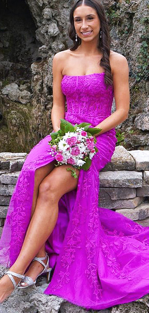 Sexy Purple Lace Appliques Tulle Strapless Side Slit Mermaid Long Evening Prom Dresses,WGP499