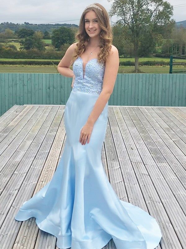 Elegant Sky Blue Deep V Neck Strapless Beading Floor Length Mermaid Evening Gown Prom Dresses ,WGP599