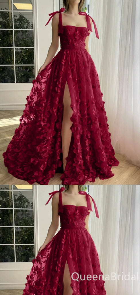 Elegant Sexy Fluffy Leaf Appliques Strapless A-line High Slit  Evening Gown Long Prom Dresses,WGP718