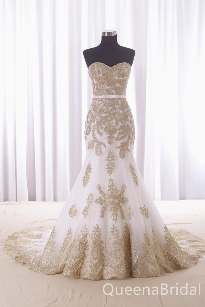 Elegant Gold Strapless Lace Appliques Mermaid Party Dress Long Prom Dresses to Impress ,WGP1464