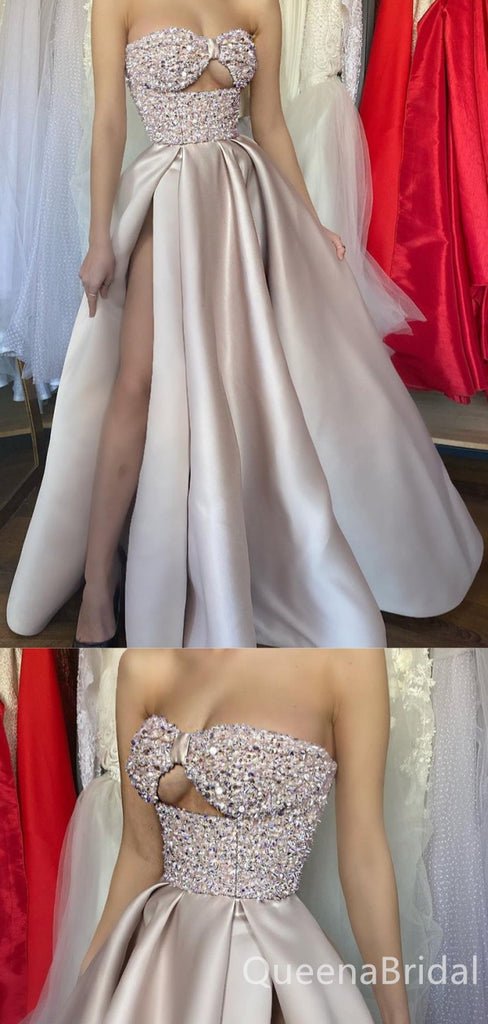 Sexy Elegant Beading Sleeveless High Slit Evening Gown Long Prom Dresses with Pleats,WGP671