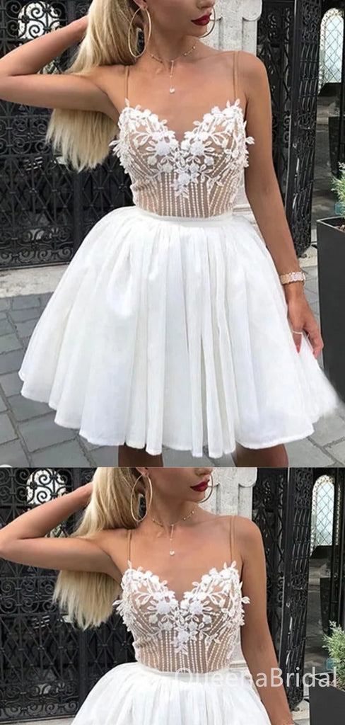 Sexy Spaghetti Straps White Sweetheart Lace Leaf Appliques Tulle A-line Short Homecoming Dresses ,QB0637