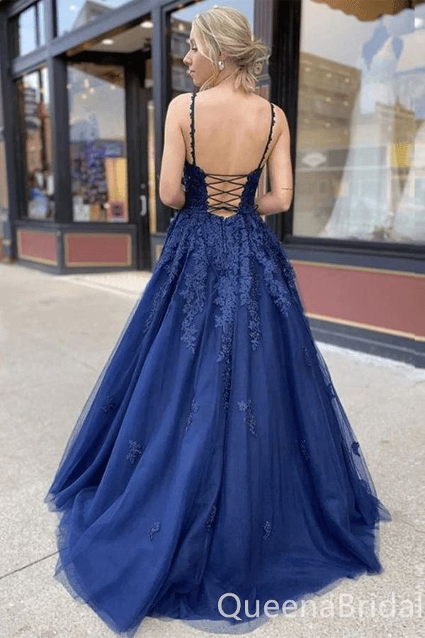 Gorgeous Blue V Neck Lace Appliques A-line Long Party Dress Prom Dresses ,WGP1817