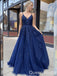 Gorgeous Blue V Neck Lace Appliques A-line Long Party Dress Prom Dresses ,WGP1817