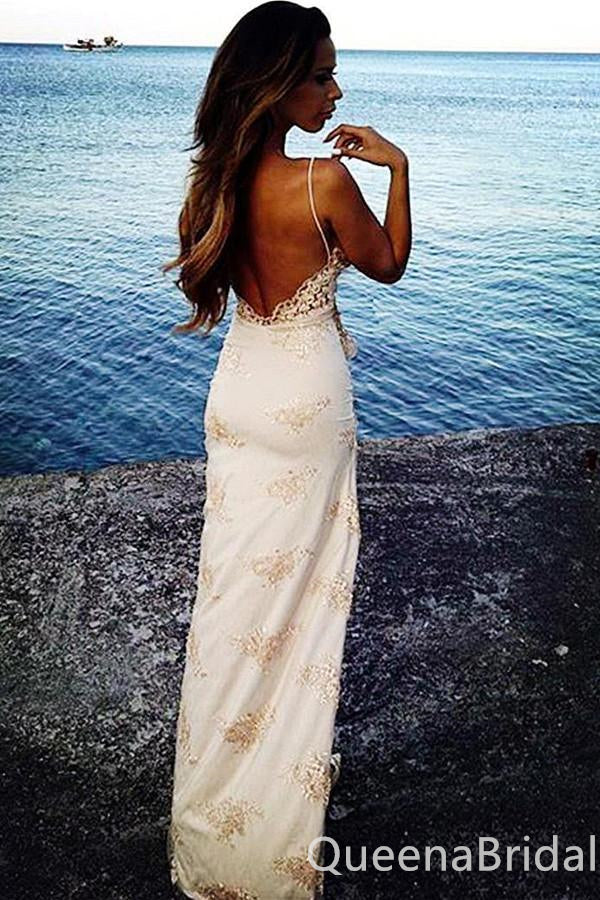 Gorgeous Champagne V Neck Lace Appliques Mermaid Long Party Dress Prom Dresses ,WGP1818