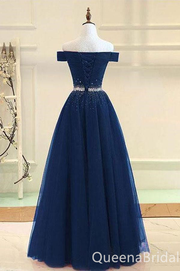 Stylish Navy Blue Off Shoulder Beaded A-line Long Party Dress Prom Dresses ,WGP1819