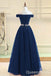 Stylish Navy Blue Off Shoulder Beaded A-line Long Party Dress Prom Dresses ,WGP1819