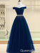 Stylish Navy Blue Off Shoulder Beaded A-line Long Party Dress Prom Dresses ,WGP1819