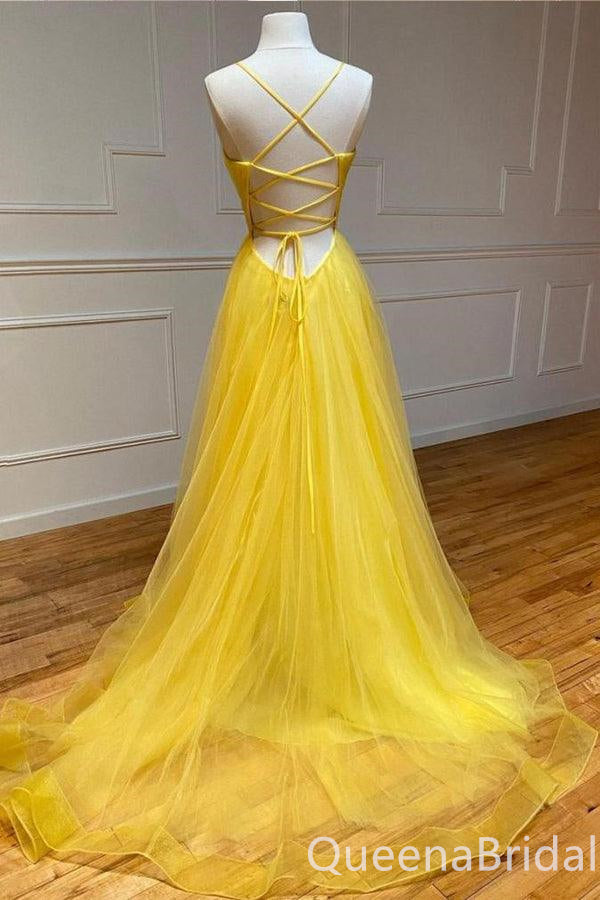 Elegant V Neck Spaghetti Straps Lace up Back Side Slit Tulle A-line Long Party Dress Prom Dresses ,WGP1821