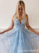 Elegant Light Blue V Neck Lace Appliques A-line Long Party Dress Prom Dresses ,WGP1823