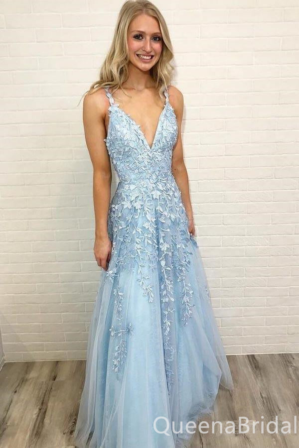 Elegant Light Blue V Neck Lace Appliques A-line Long Party Dress Prom Dresses ,WGP1823