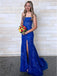 Sexy Dark Blue Lace Appliques Tulle Strapless Side Slit Mermaid Long Evening Prom Dresses,WGP498