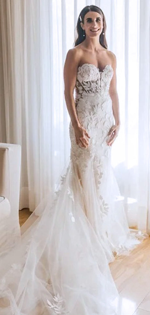 Elegant White Illusion Lace Appliques Tulle Mermaid Long Wedding Dresses,WGP211