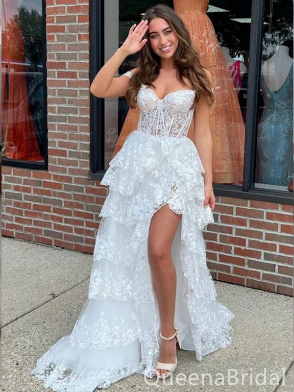 Sexy Off Shoulder Lace Appliques Sweetheart Side Slit Evening Gown Long Prom Dresses ,WGP638