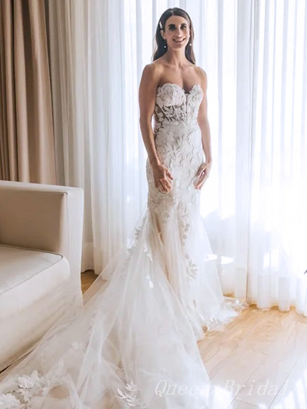 Elegant White Illusion Lace Appliques Tulle Mermaid Long Wedding Dresses,WGP211