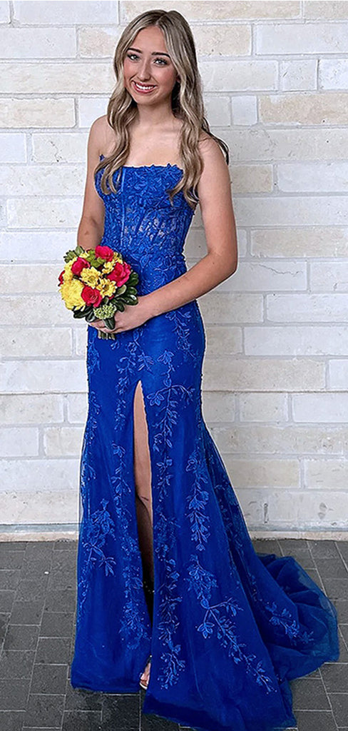 Sexy Dark Blue Lace Appliques Tulle Strapless Side Slit Mermaid Long Evening Prom Dresses,WGP498