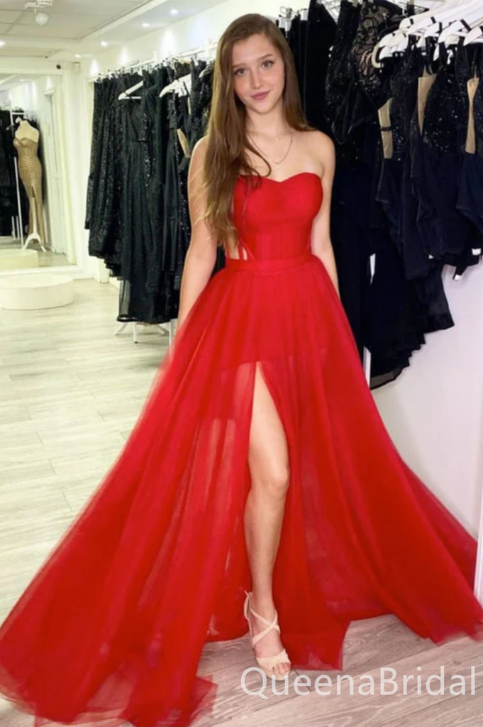 Charming A-line Red Sweetheart High Slit Evening Gown Long Prom Dresses, WGP743