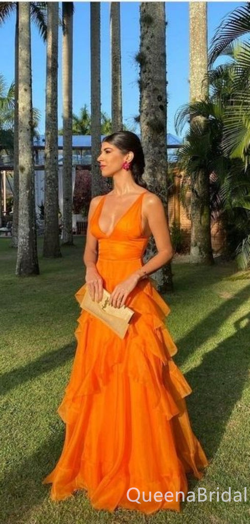 Sexy Orange A-line Plunging Layer Asymmetrical  Evening Gown Maxi Long Formal Dresses Prom Dresses  ,WGP874