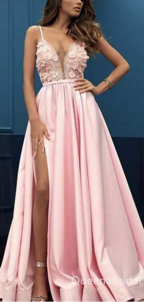 Sexy Spaghetti Straps High Slit Plunging Appliques A-line Evening Gown Long Prom Dresses ,WGP687