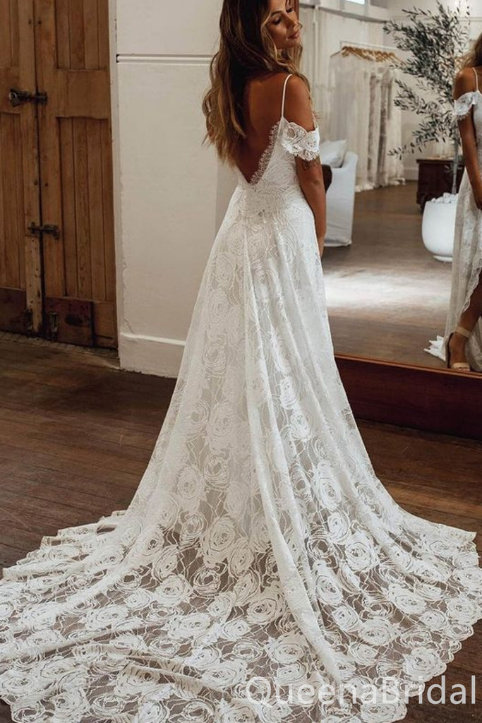 Gorgeous Spaghetti Straps Off the Shoulder Flower Lace Appliques White V Neck A-line Wedding Dresses with Trailing,WGP1325