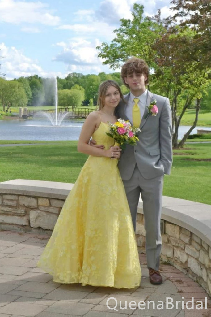 Elegant Yellow Spaghetti Straps A-line Long Party Dress Prom Dresses ,WGP1835