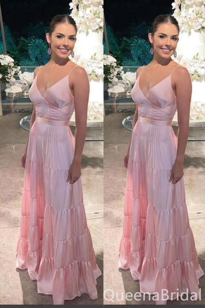 Elegant Pink V Neck Spaghetti Straps A-line Long Party Dress Prom Dresses ,WGP1836