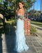 Elegant Light Blue Spaghetti Straps Ruffle Mermaid Long Evening Prom Dresses,WGP511