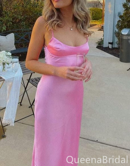 Pink Sheath Spaghetti Straps Bateau Party Dress Long Prom Dresses to Impress ,WGP1388