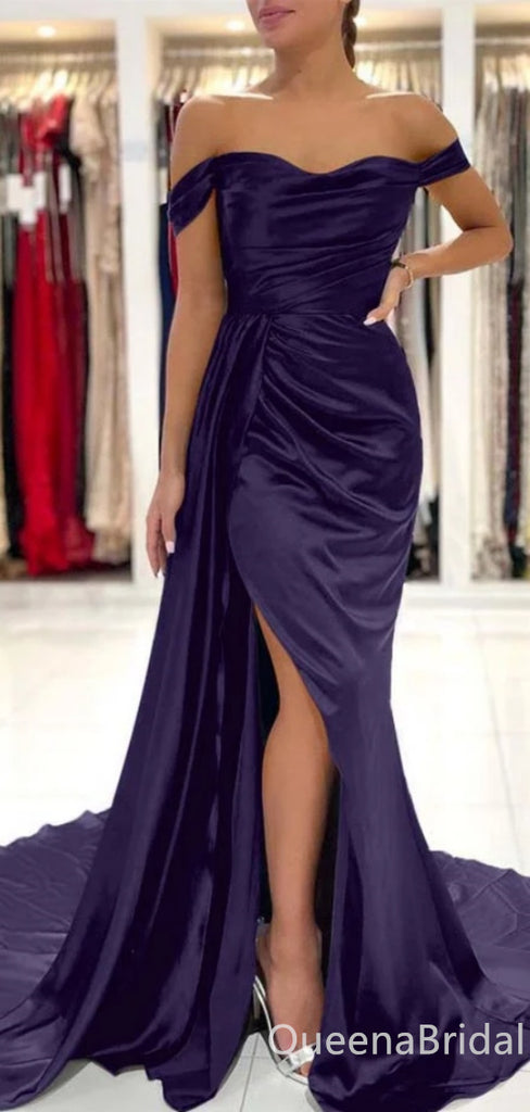 Sexy Simple Dark Purple Off-the-shoulder Sweetheart Sheath Evening Gown Long Formal Dresses Prom Dresses with Side Slit ,WGP782