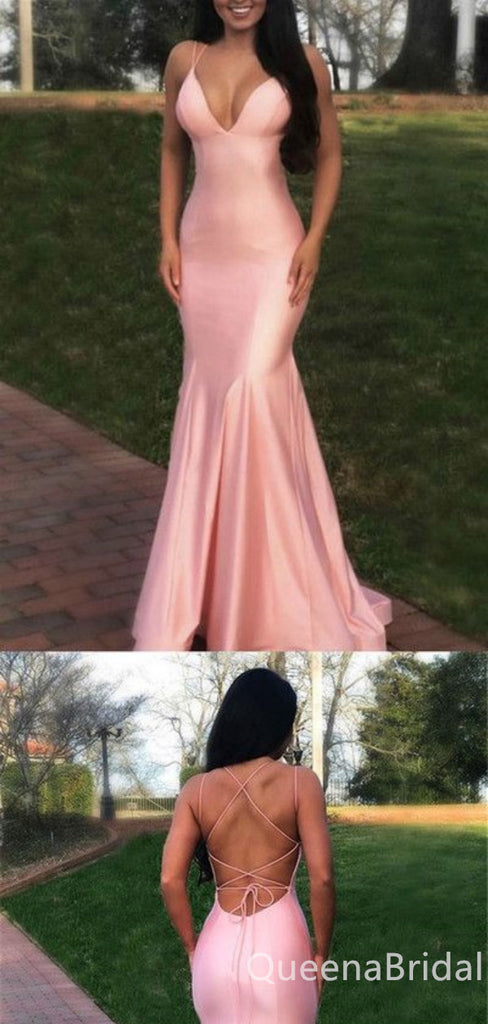 Sexy Light Pink Mermaid Spaghetti Straps Plunging Lace Up Back Evening Gown Maxi Long Formal Dresses Prom Dresses ,WGP875