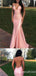 Sexy Light Pink Mermaid Spaghetti Straps Plunging Lace Up Back Evening Gown Maxi Long Formal Dresses Prom Dresses ,WGP875