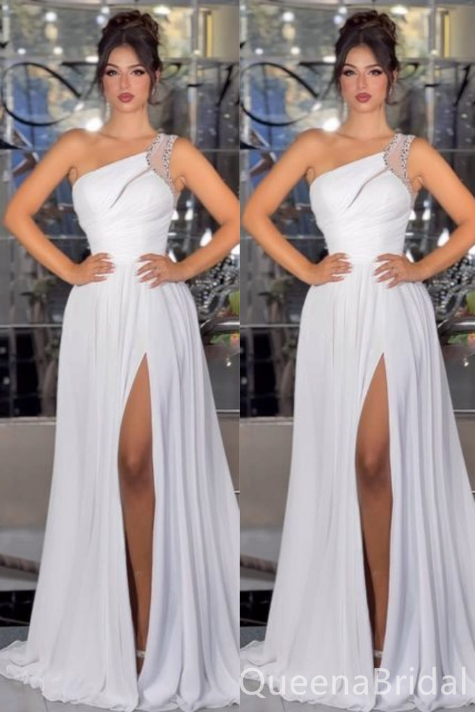 Gorgeous White Beaded One Shoulder Side Slit A-line Long Party Dress Prom Dresses ,WGP1837