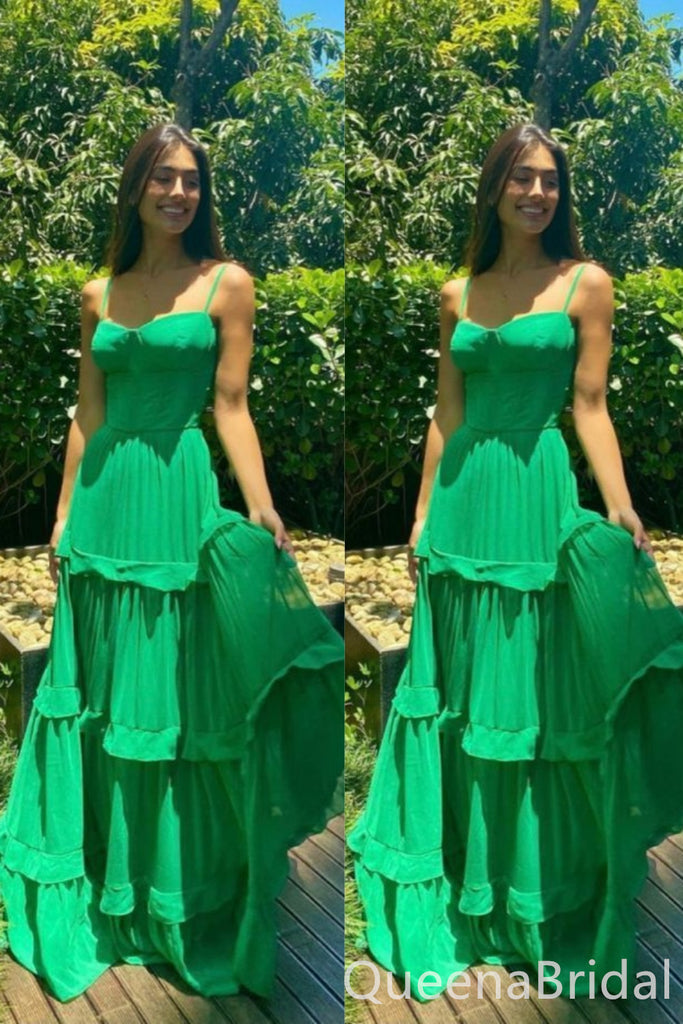 Elegant Spaghetti Straps Green A-line Long Party Dress Prom Dresses ,WGP1838