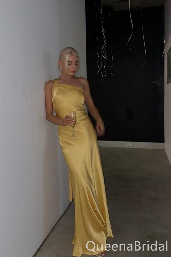 Gorgeous One Shoulder Yellow Open Back Sheath Long Party Dress Prom Dresses ,WGP1843