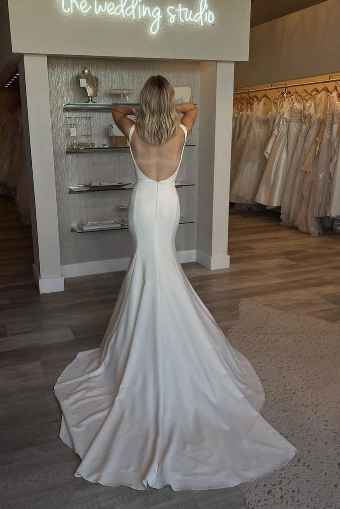 Elegant White Spaghetti Straps Strapless Mermaid Long Wedding Dresses,WGP212