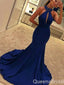 Sexy Dark Blue Halter Beaded Mermaid Evening Gown Maxi Long Formal Dresses Prom Dresses,WGP891