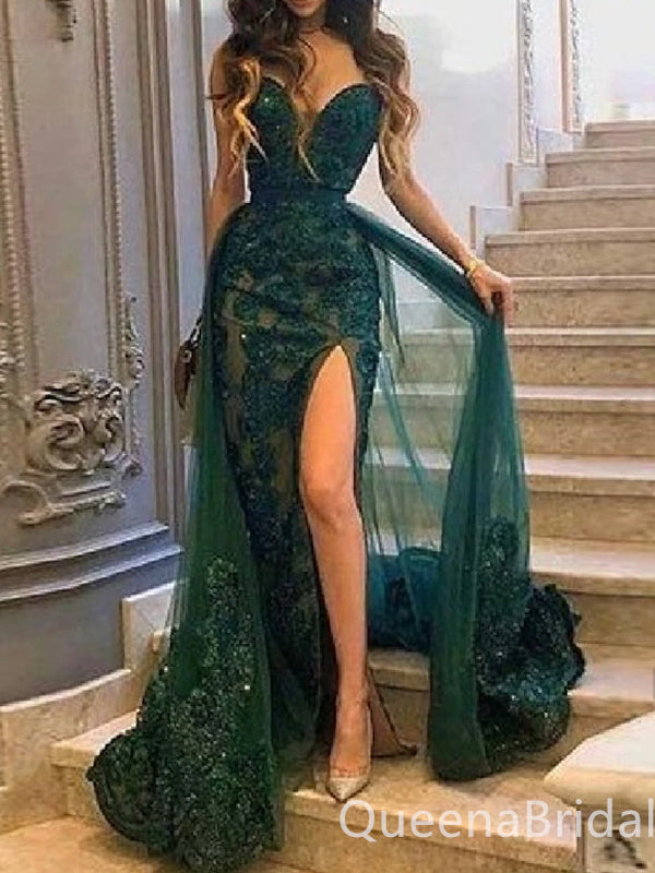 Gorgeous Sexy Emerald Green Lace Appliques Sweetheart Tulle Strapless Mermaid Evening Gown Long Formal Dresses Prom Dresses ,WGP760