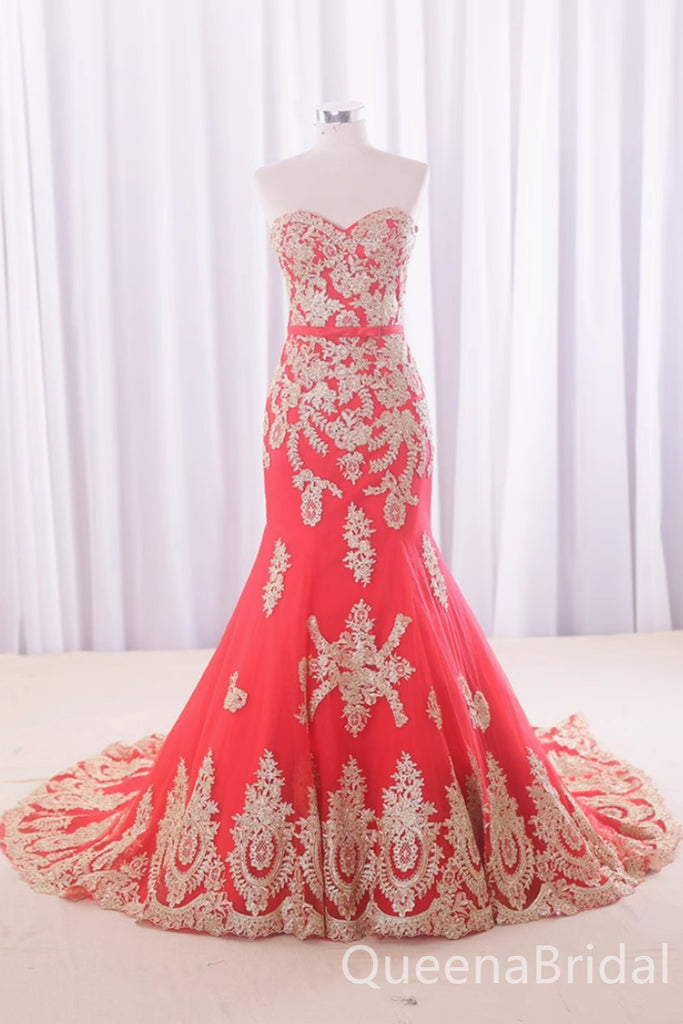 Red Mermaid Strapless Lace Appliques Party Dress Long Prom Dresses to Impress ,WGP1467