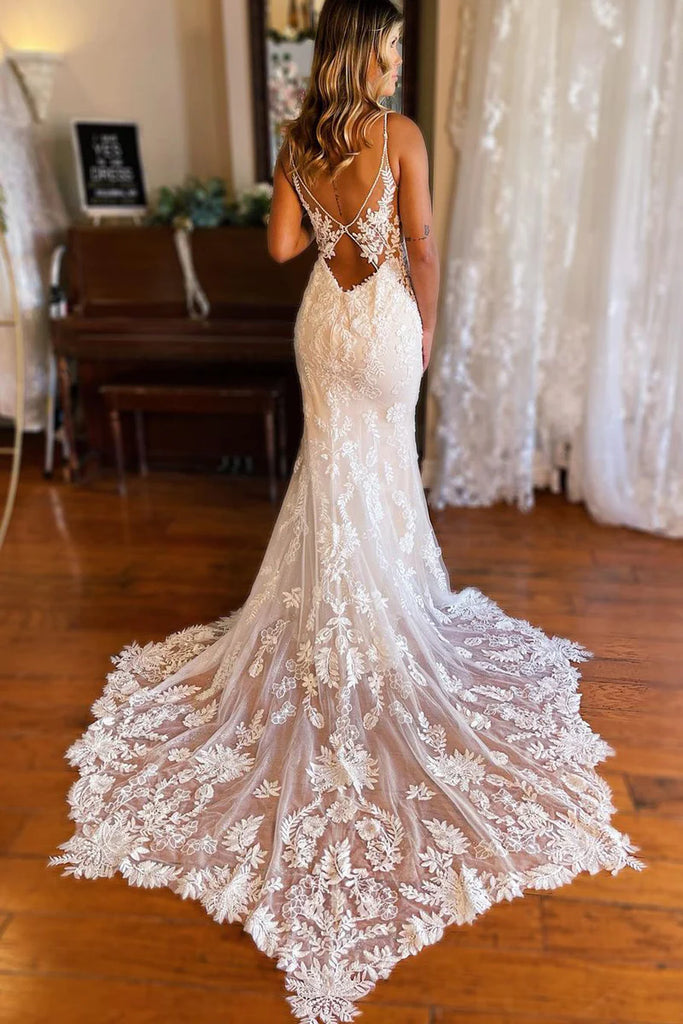 Elegant White Spaghetti Straps V Neck Lace Appliques Strapless Mermaid Long Wedding Dresses,WGP213