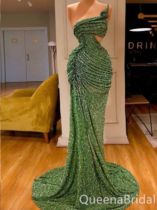 Sexy Sparkle Green One Shoulder Mermaid Evening Gown Long Formal Dresses Prom Dresses,WGP783