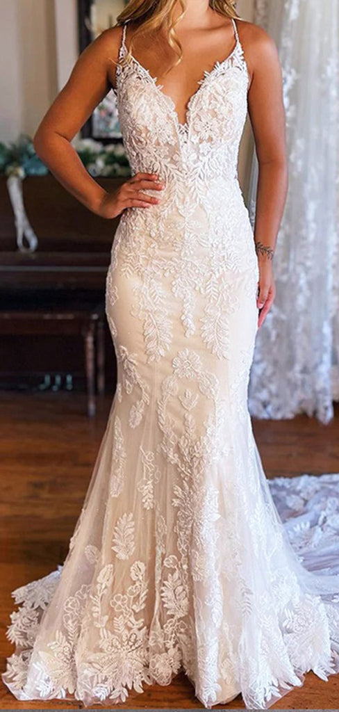 Elegant White Spaghetti Straps V Neck Lace Appliques Strapless Mermaid Long Wedding Dresses,WGP213