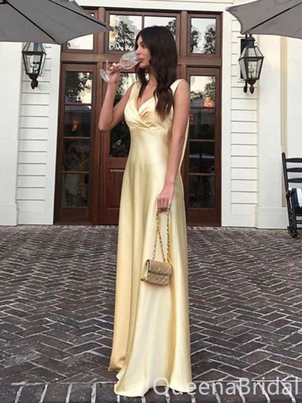 Elegant Light Yellow A-line V-neck Evening Gown Maxi Long Formal Dresses Prom Dresses ,WGP877